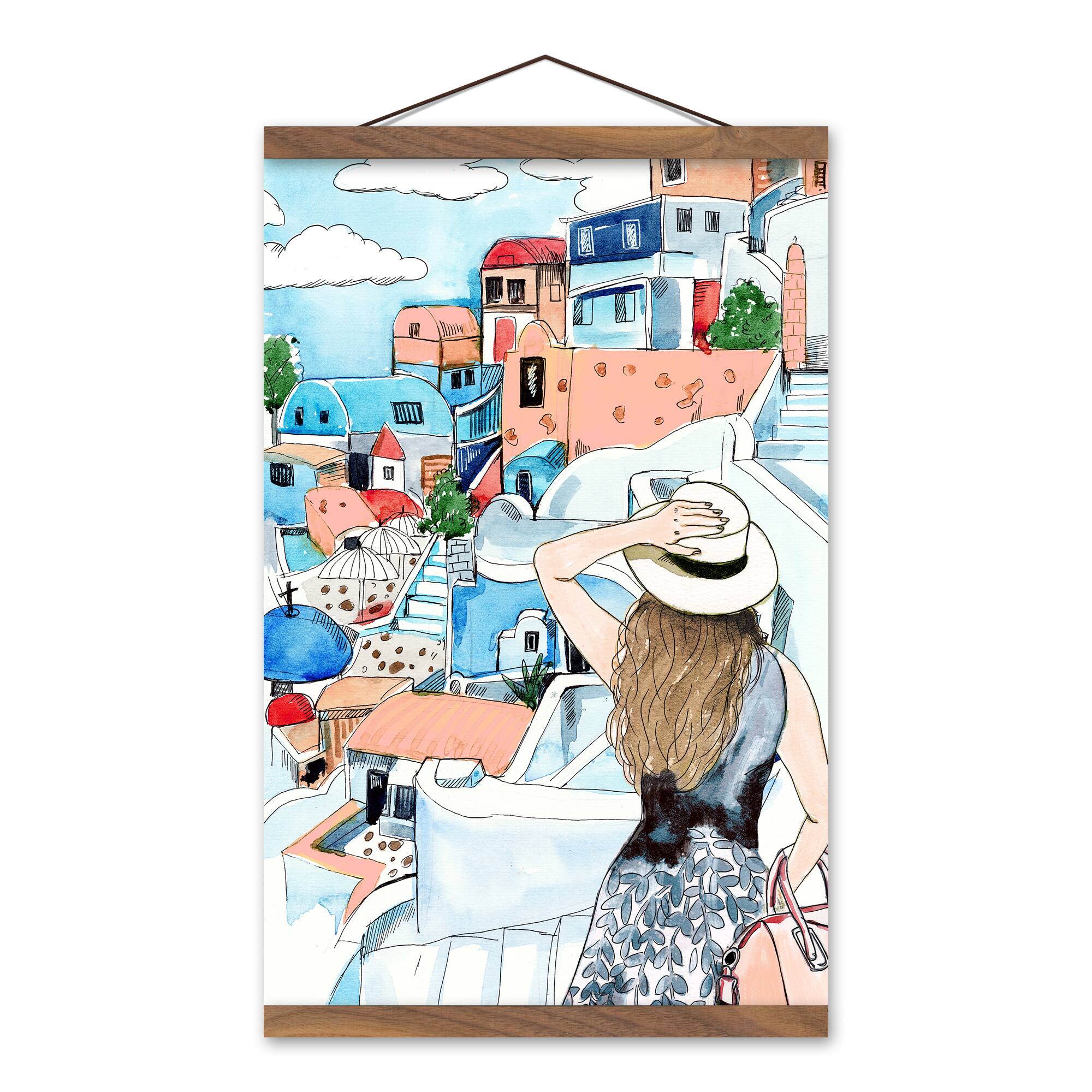 Girl Greece Teak Hanging Canvas